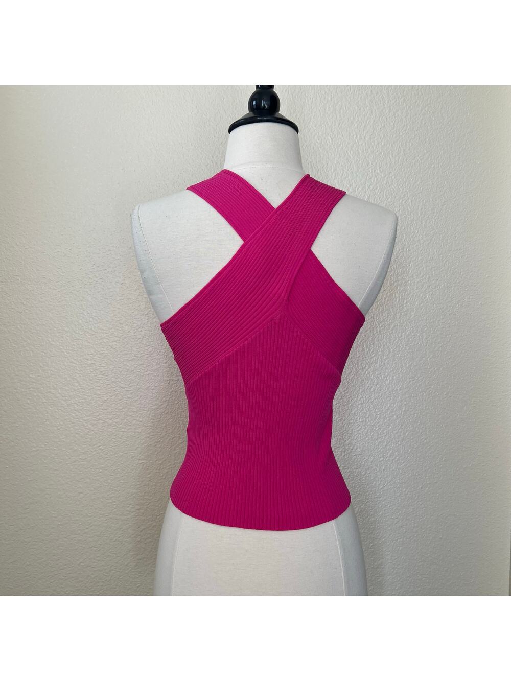 Topshop Rib Crossover Crop Halter Top Hot Pink